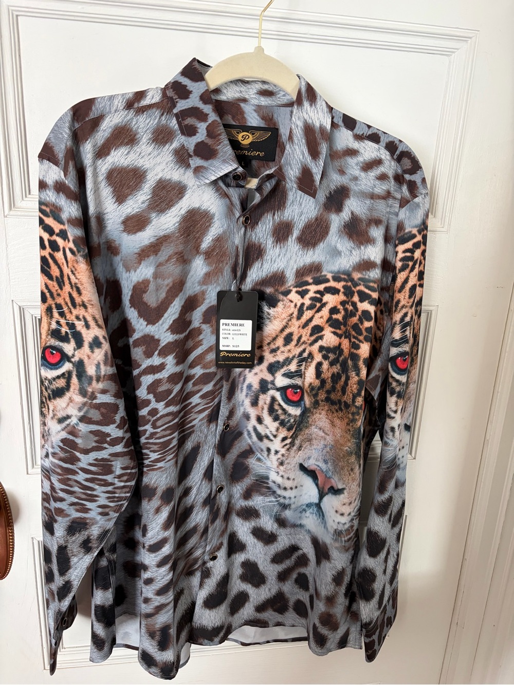 Premier Men's Leopard Face Print Button-Down Shirt in Brown and Gray